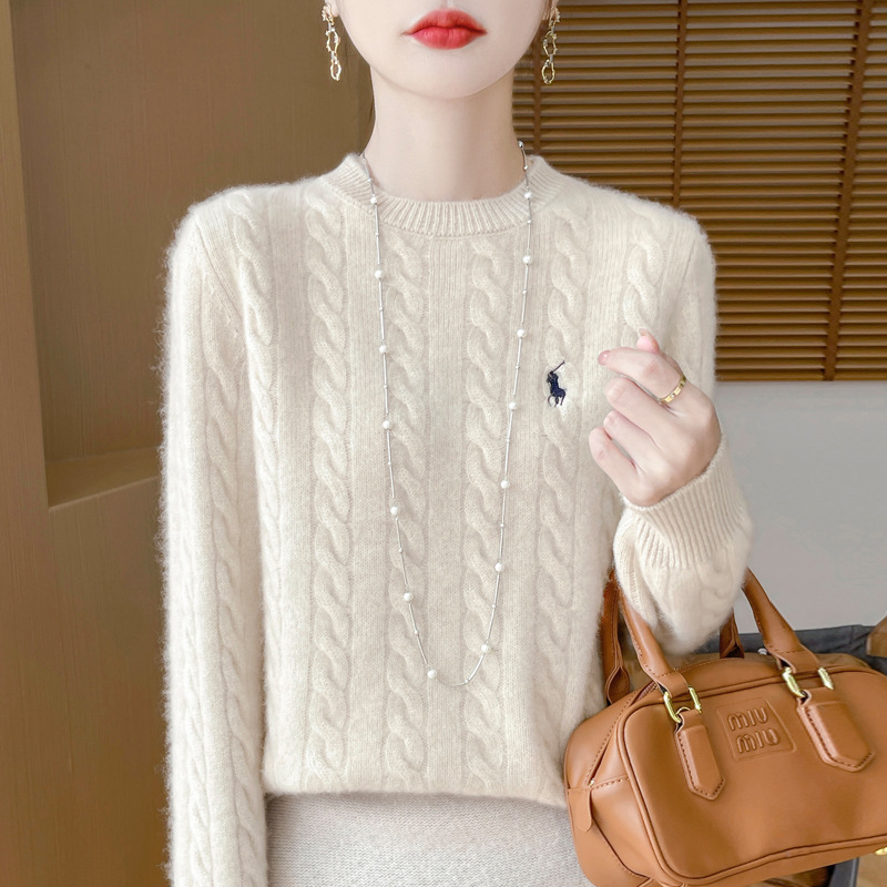 [Factory Direct Supply] Round Neck Solid Color Embroidered Knitted Women's Sweater Loose All-match Short Base Shirt Top Trendy