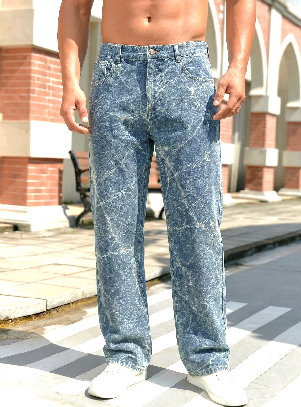 Men's Trendy Versatile Tie Dye Jacquard Wide Leg Straight Leg Jeans Autumn Winter Retro Washed Denim_mkmklike.com