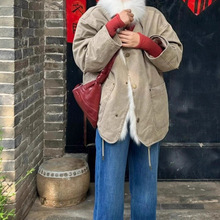 冬2025新款酷飒工装风仿狐狸毛领皮草90白鸭绒宽松慵懒羽绒派克服