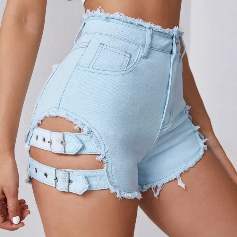Street-Style Side-Design Denim Shorts, New Summer Model with Frayed Edges, Slimming Straight High-Waisted Hot Pants, Fashionable and Versatile Street-Style Side-Design Denim Shorts, New Summer Model with Frayed Edges, Slimming Straight High-Waisted Hot Pants, Fashionable and Versatile