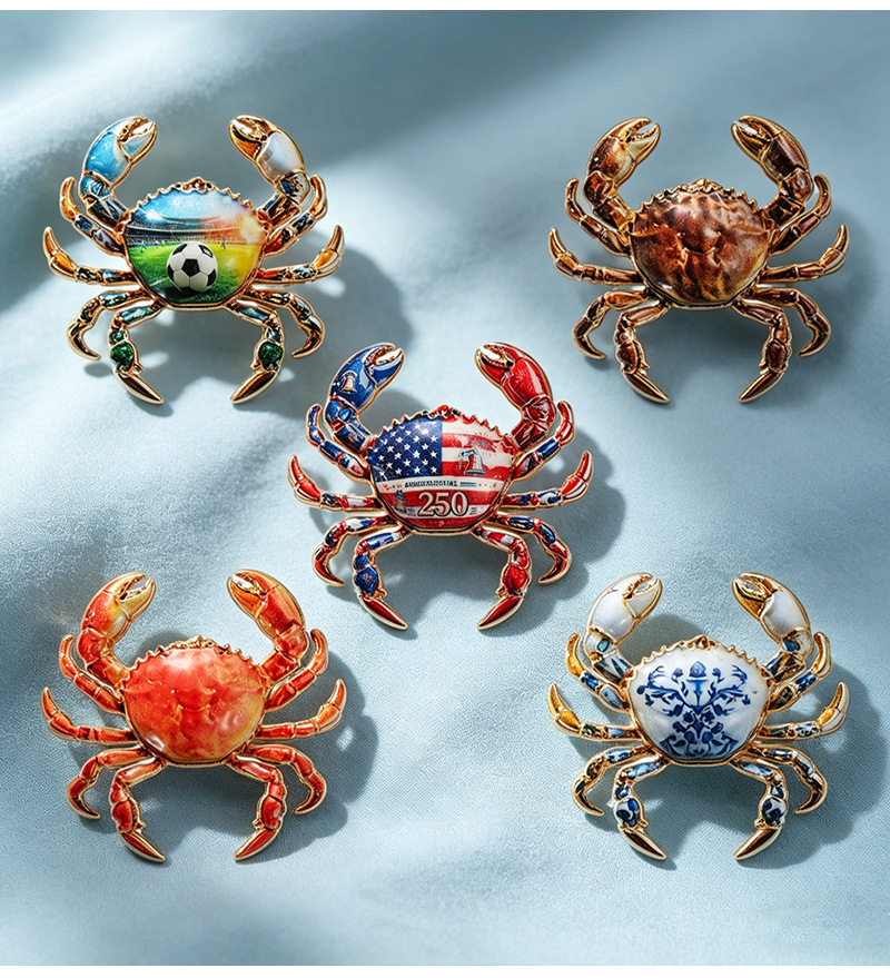 Eco-friendly crab brooch, 5 enamel pins, football, stars and stripes, blue and white porcelain themed accessories