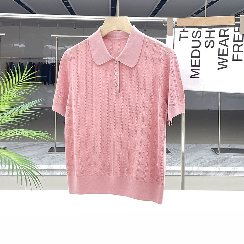 Нежный винтажный маленький вталанный polo воротник свитер с короткими рукавами женский из кожи чувствительный тонкий лацкан топы для женщин 1N2093