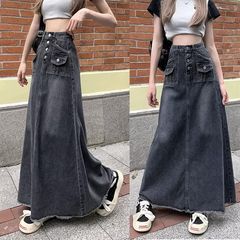 大码胖mm高腰牛仔半身裙女秋冬显瘦复古设计感小众a字中长款裙子