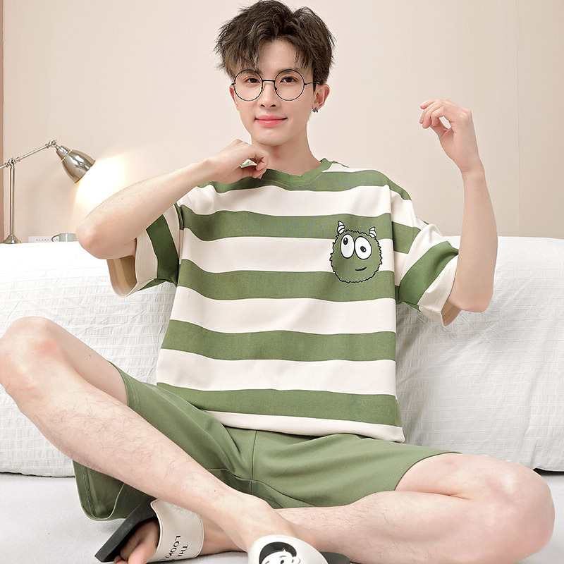 2025 New Summer Pajamas Men's Pure Cotton Short Sleeve Large Size Cartoon Student Summer Thin Teenagers Home Clothes