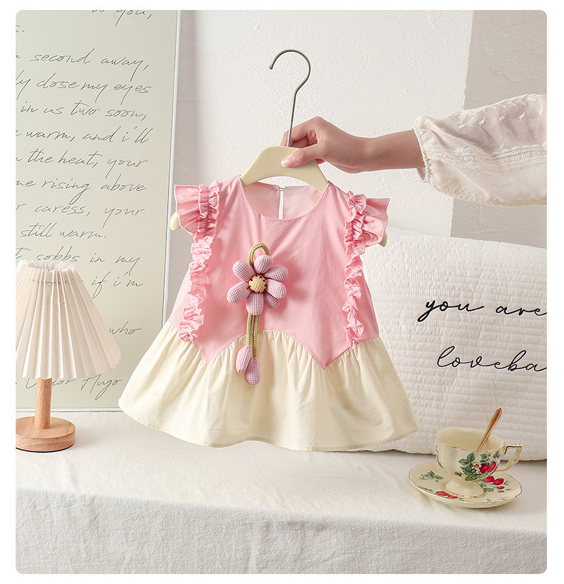 Vestido de algodón con mangas voladoras con costuras de flores para bebés y niños pequeños, vestido de princesa con chaleco con orejas de madera para bebés de nuevo estilo de verano