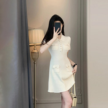 春夏新款经典白色小香针织连衣裙收腰显瘦气质镶钻螺纹a字中裙