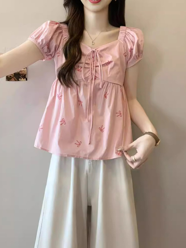 New Spice Girl Bow Print Shirt Women's Summer Design Lace-up Slimming Short Bubble Women's Summer Top