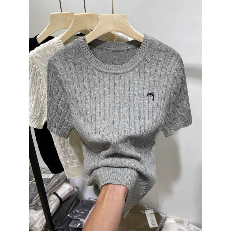 Retro knitted sweater with a round collar, summer T-shirt, brace, with embroidery