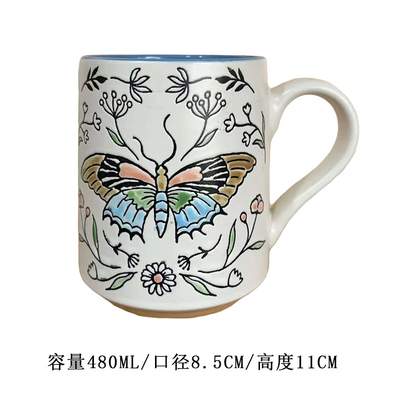 Ceramic mug hand-painted underglaze cat design, cute breakfast cup, microwave-safe