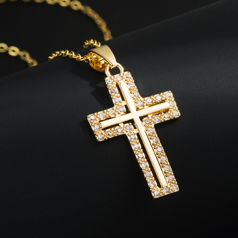 Fashion Copper-Plated Gold Micro Inlaid Zircon Pendant Cross Necklace