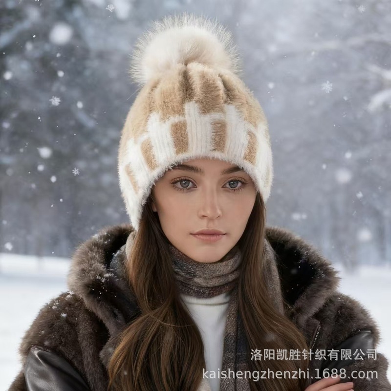 冬季时尚拼色针织帽子骑行护耳帽女防风帽子大头围保暖加厚毛线帽|undefined