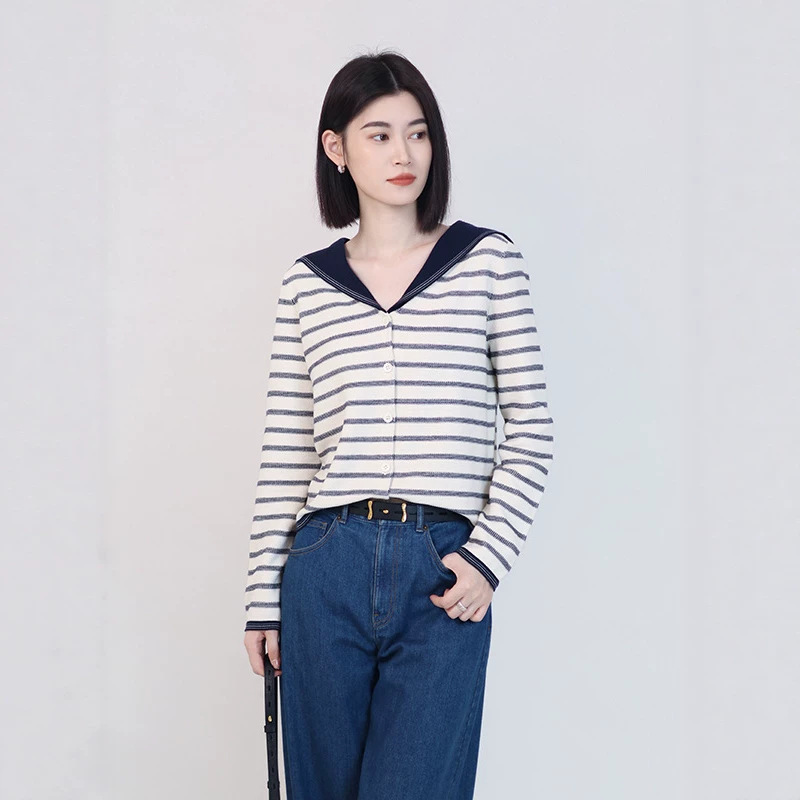Women's 26 Summer New Striped Cotton-Cashmere Blend Pullover Knit Cardigan with Navy Style Turn-down Collar and Long Sleeves