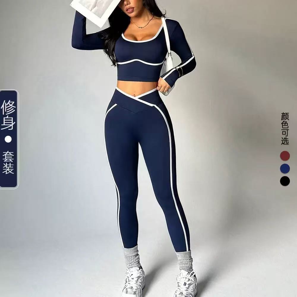 Xiyun explosivo cross-border color contrastante yoga ajustado manga larga frente V cintura elevación de cadera ajustado conjunto de pantalones de calzado