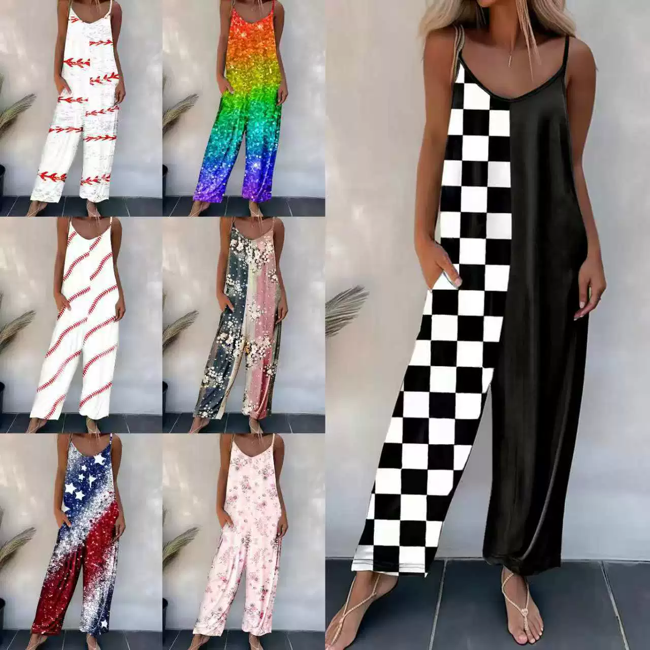 Европейские и американские трансграничные женские повседневные брюки-комбинезон на бретелях весна-лето 2025, осенний новый комбинезон без рукавов с принтом для женщин