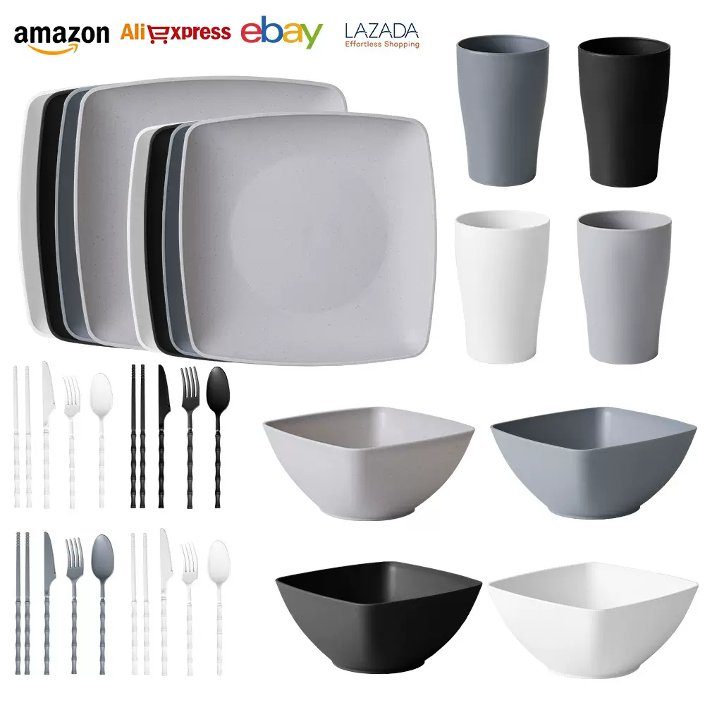 亚马逊热销方形牛排盘沙拉碗小麦秸秆碗碟盘餐具盘碗杯礼品套装