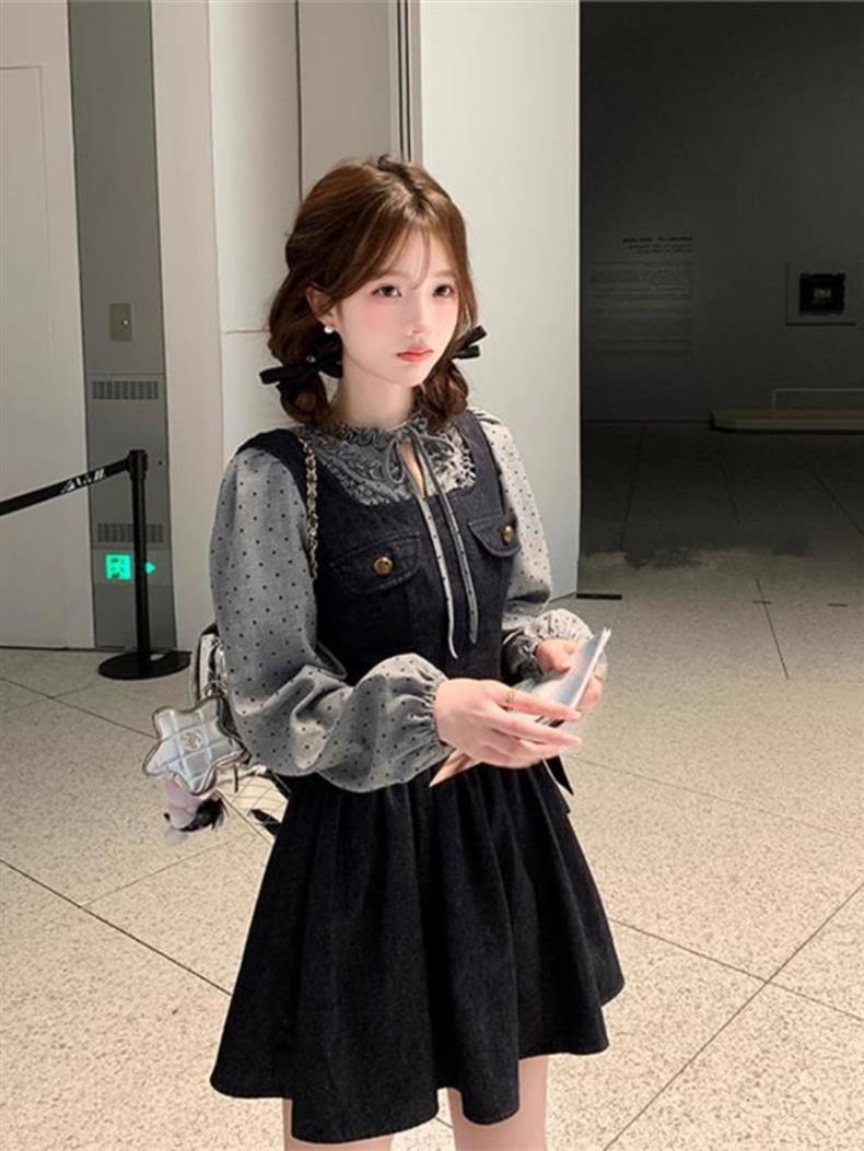 ChicShe Jeansanzug im französischen Stil für Damen, Herbstbluse mit Polka-Dots und Schnürung, sexy Tankkleid im Vintage-Look_voghion.com