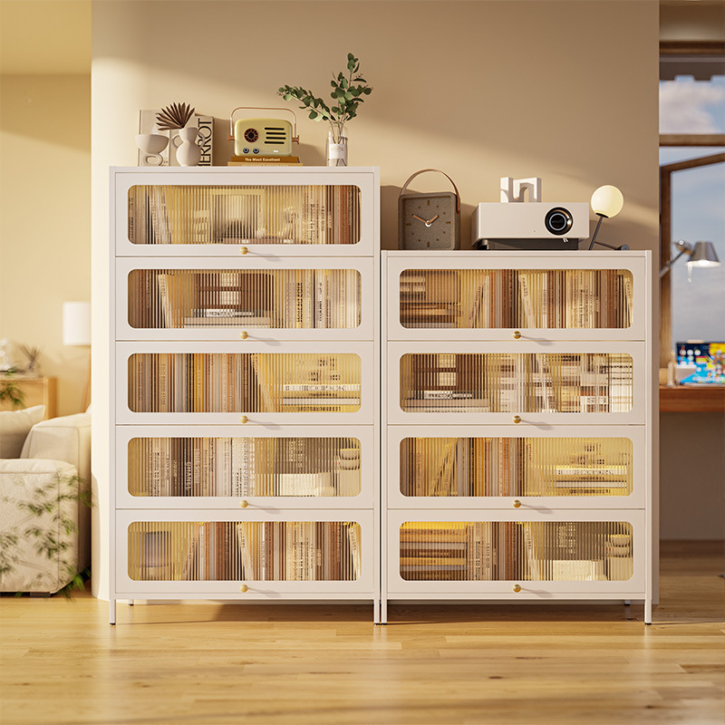 L$H Steel Dustproof Bookshelf with Door for Children, Folding Iron Storage Cabinet, Household Living Room Display Cabinet