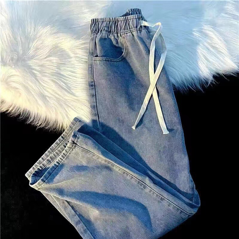 Women's Spring and Summer New Trendy High Waist Wide Leg Jeans Loose Slimming Straight Small Nine-point Denim