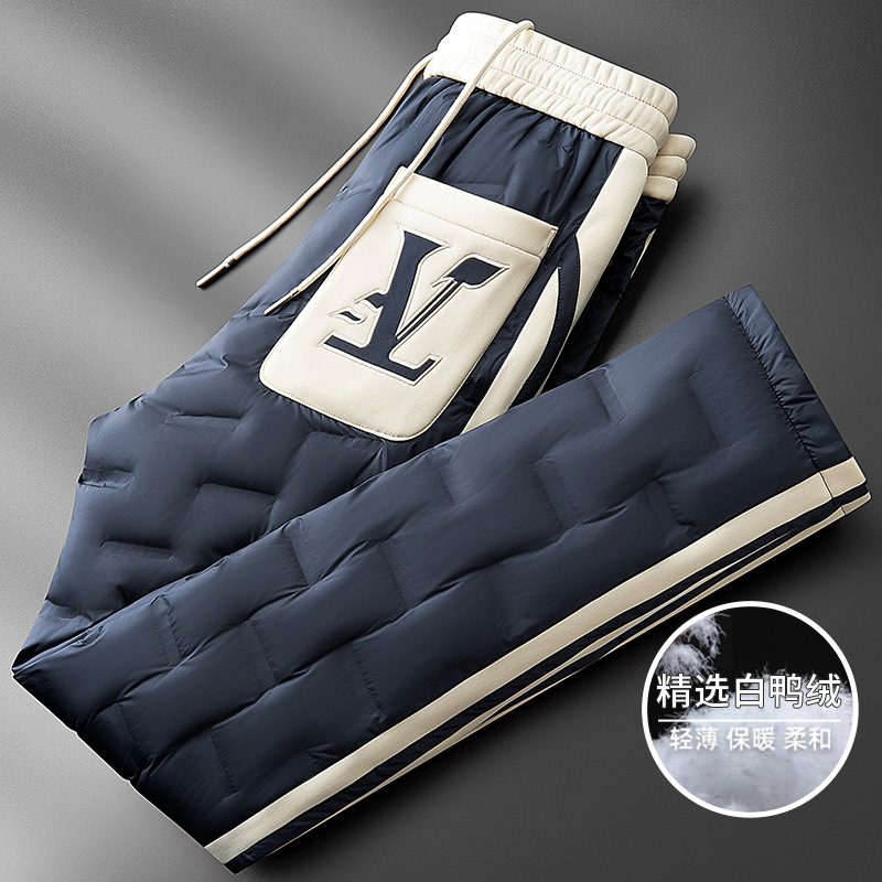 Winter Embroidered Color Block Patchwork Thickened White Duck Down Pants for Men, Outdoor Waterproof Straight Leg Casual Pants
