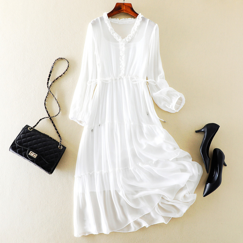 Barbour Women's Silk Dress Elegant Elegant Solid Color Simple Mulberry Silk Long Dress 86057