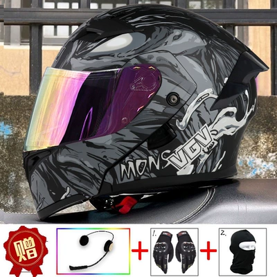 2025 New VGV3C Certified Motorcycle Motosiklet dəbilqələri - m-monster-black-built-in-bluetooth-red-gold-plated-mirror-comes-with-gloves-headgear-anti-fog-stickers