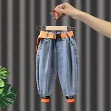 儿童牛仔裤2021春秋新款男童长裤女童韩版束脚灯绒裤腰带时尚童裤