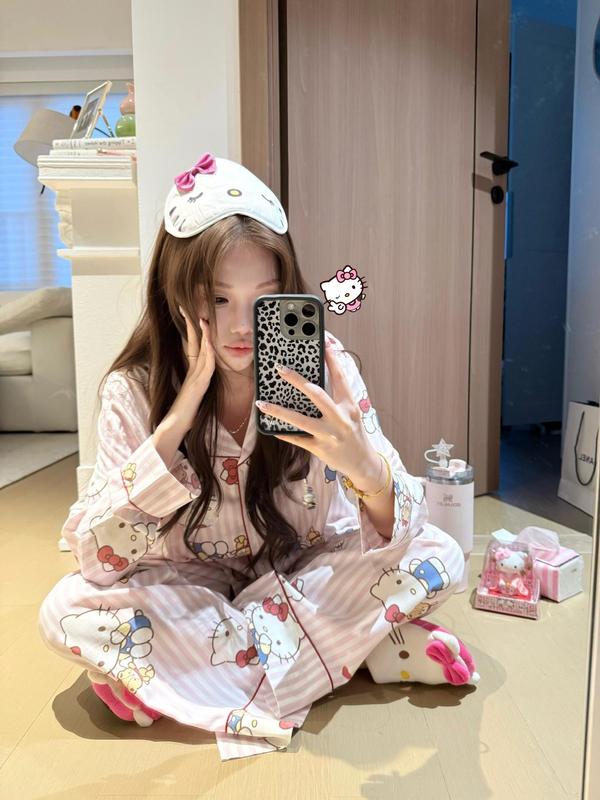 韩系条纹可爱hellokitty睡衣女春秋2025新款少女甜美家居服可外穿|undefined
