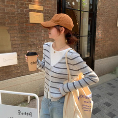撞色条纹V领假两件针织开衫外套女2025早秋季新款小个子短款上衣