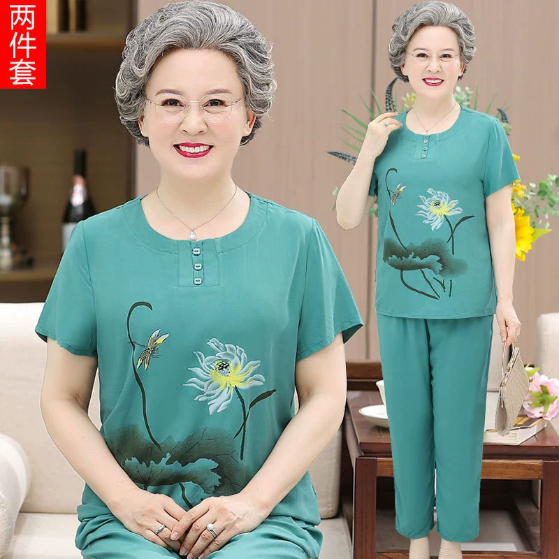 Бабушка летний костюм из двух предметов из хлопка и льна, футболка с короткими рукавами для среднего и пожилого возраста, женская одежда для мамы, костюм для старой леди больших размеров