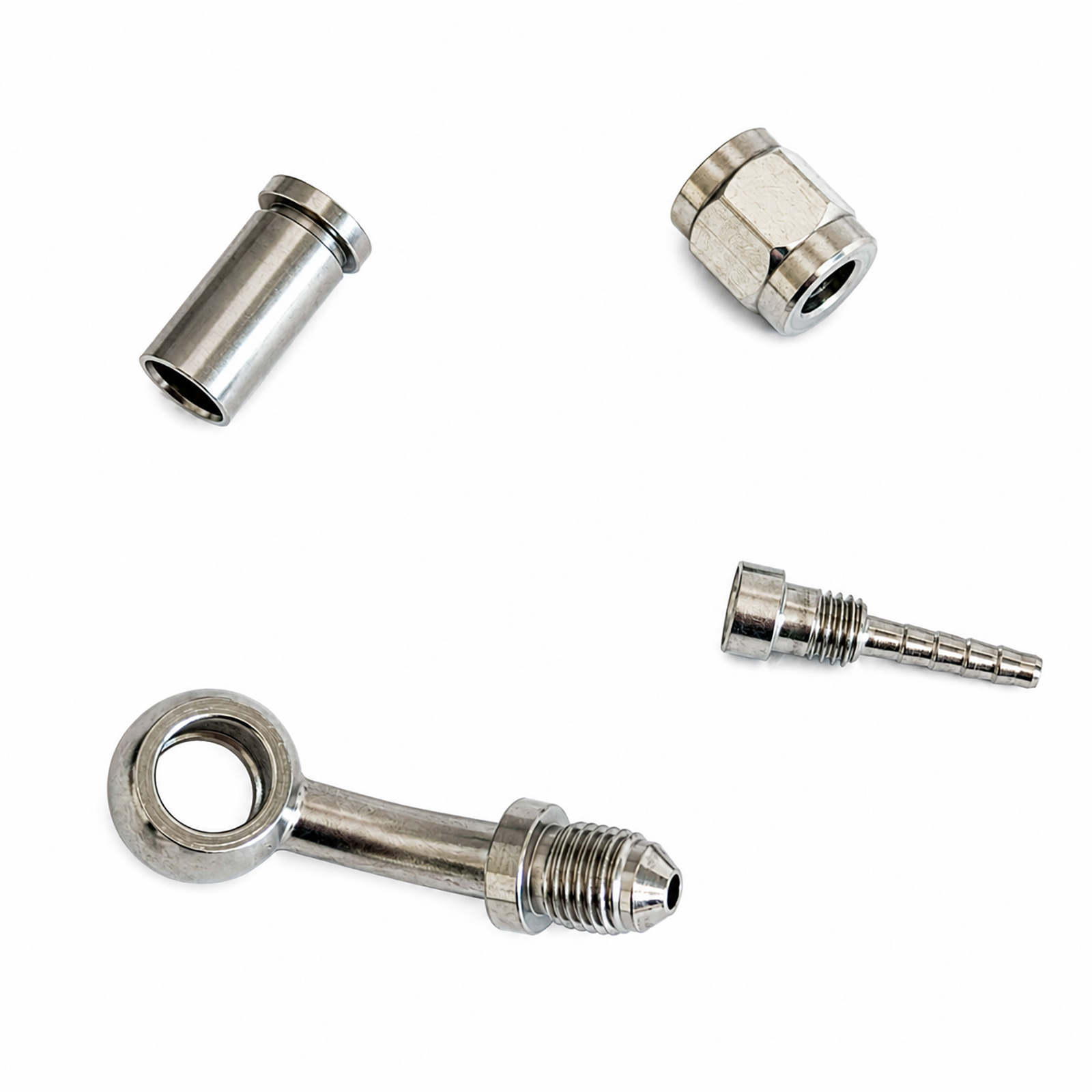 M10 stainless steel fish-eye 4-piece set of connectors 0/28/90 degree brake hose coupler with threaded integrated crimping connector