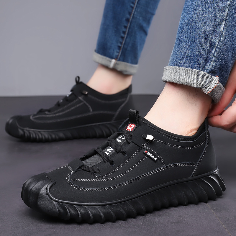 Zapatillas hombre piel negra media caña suela gruesa outdoor hiking_voghion.com