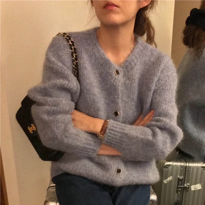 In Stock 2025 Winter New Korean Dongdaemun Sie*Ne Loose Casual Wool Knit Cardigan Round Neck Sweater for Women