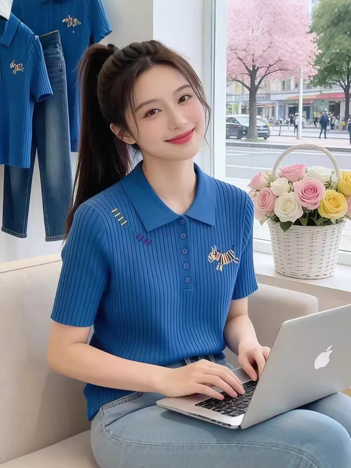 Áo thun polo nữ tay ngắn cổ bẻ họa tiết ngựa nhỏ cầu vồng — xanh lam