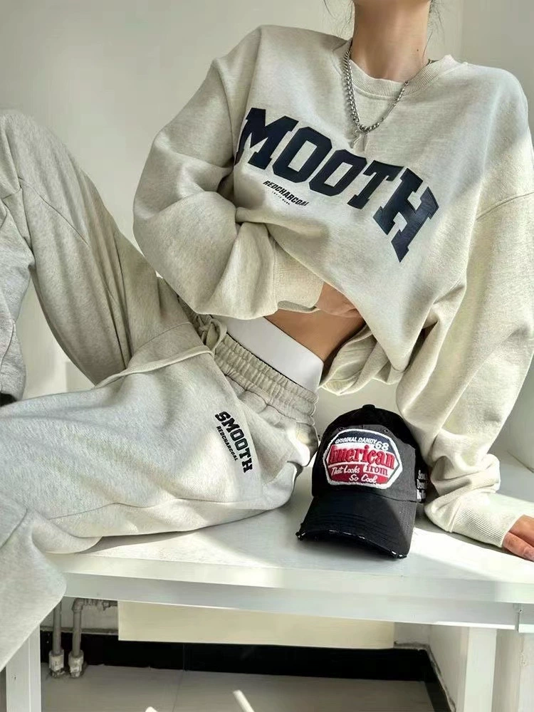 Спортивный костюм сет — oversize худи и брюки, унисекс в американском стиле, серый рис, тонкий/плюшевый велюровый