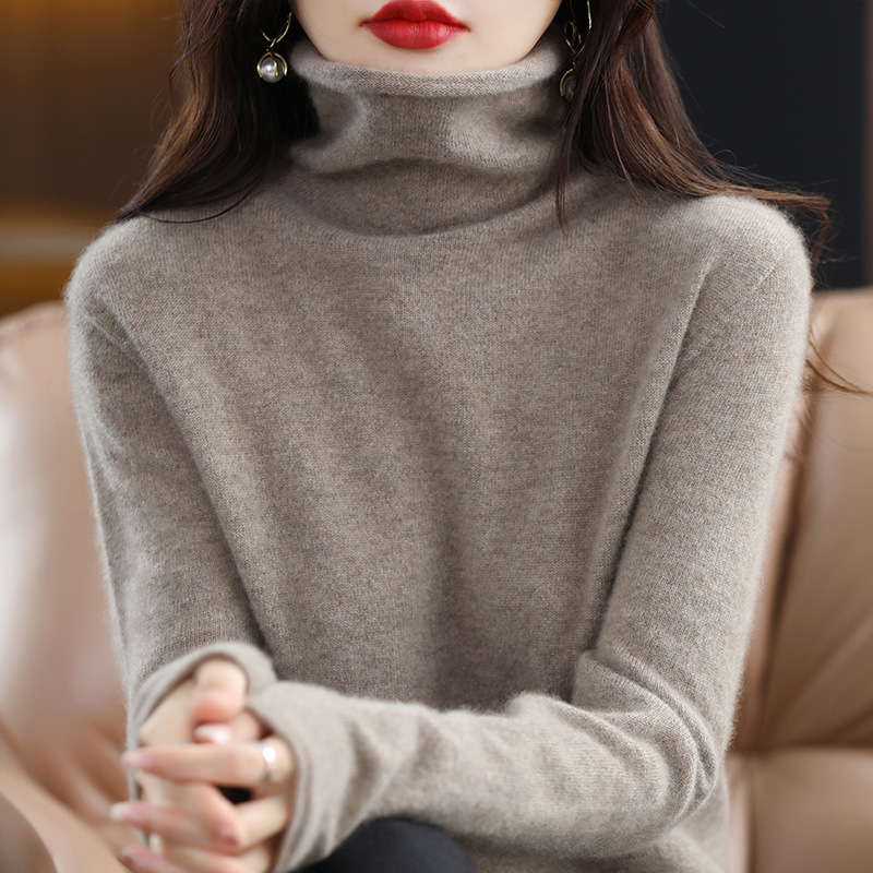 100羊毛衫女高领毛衣堆堆领宽松针织衫秋冬保暖打底衫上衣短款