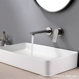 All-copper concealed wall-mounted basin faucet homestay bathroom hot and cold wall-out wall drain faucet embedded gun gray