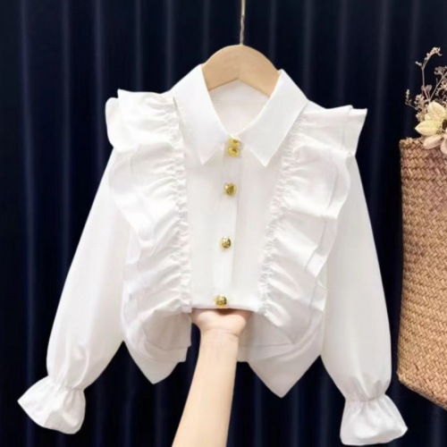 Girls' Spring and Autumn White Medium and Large Children's Stylish Top Children's Long-Sleeved Student Baby Collar Blouse