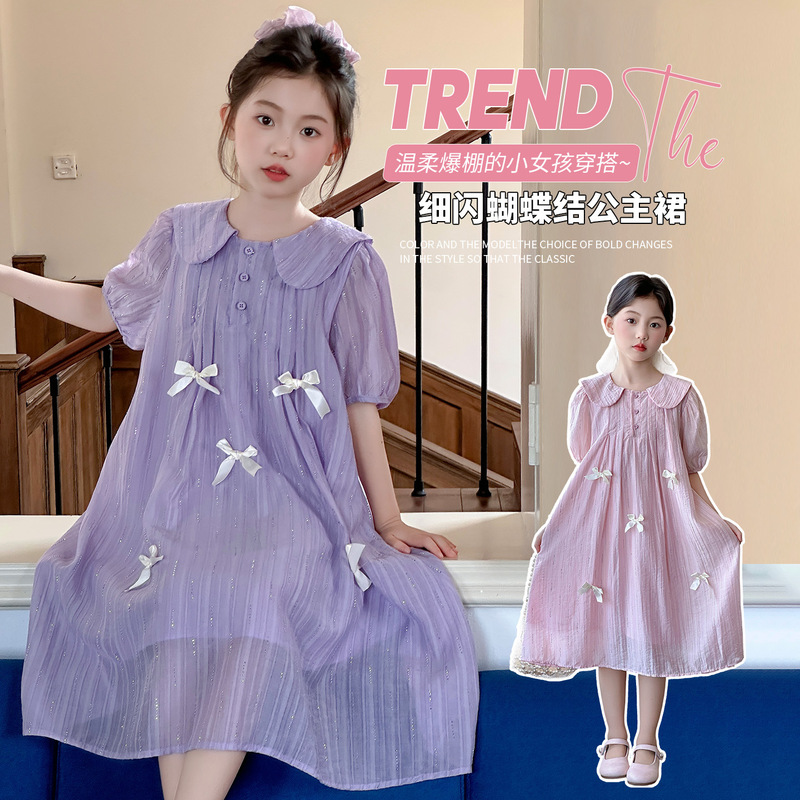 Girls' Doll Collar Bow Dress, New Summer Korean Style Fashionable Princess Dress for Children and Older Kids Girls' Doll Collar Bow Dress, New Summer Korean Style Fashionable Princess Dress for Children and Older Kids