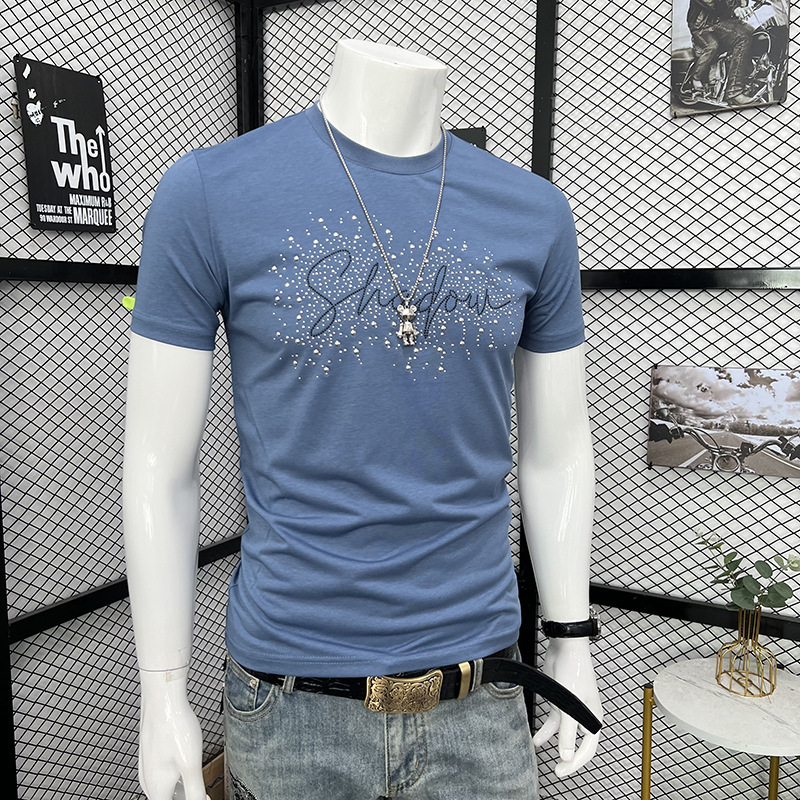Men's Slim Fit Short Sleeve T-Shirt Heavy Duty Rhinestone And Letter Crew Neck Fashion Top New Arrival Summer_viptrois.com
