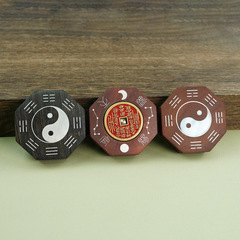 Silver-inlaid Lagerstroemia wood pendant with auspicious motifs—featuring a mountain spirit, Taiji design, and the "Heavenly Official Bestows Blessings" symbol—plus a serene "No Worries" charm, all crafted in the Taoist style.