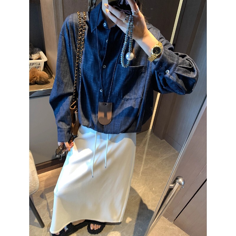 Moqie High-End Commuting Style Design Elasticated Flower Bud Hem Fake Two-Piece Patchwork Denim Shirt Mq0884
