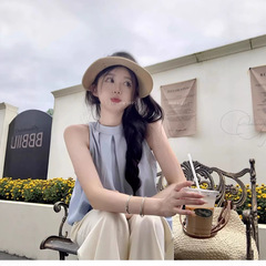 韓国風の優しいスタイルの女性用プリーツノースリーブホルターネックシャツ、夏のゆったりとした高級リゾートスタイルのオフショルダートップ