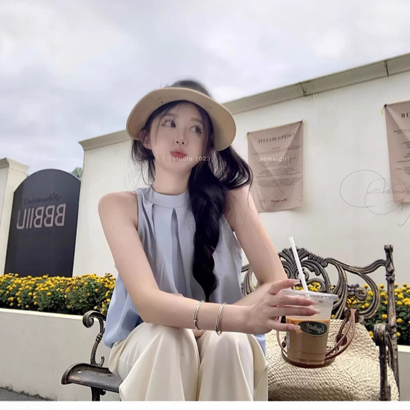 Korean Style Gentle Style Pleated Sleeveless Halterneck Shirt for Women Summer Loose High-End Holiday Style Off-Shoulder Top Korean Style Gentle Style Pleated Sleeveless Halterneck Shirt for Women Summer Loose High-End Holiday Style Off-Shoulder Top