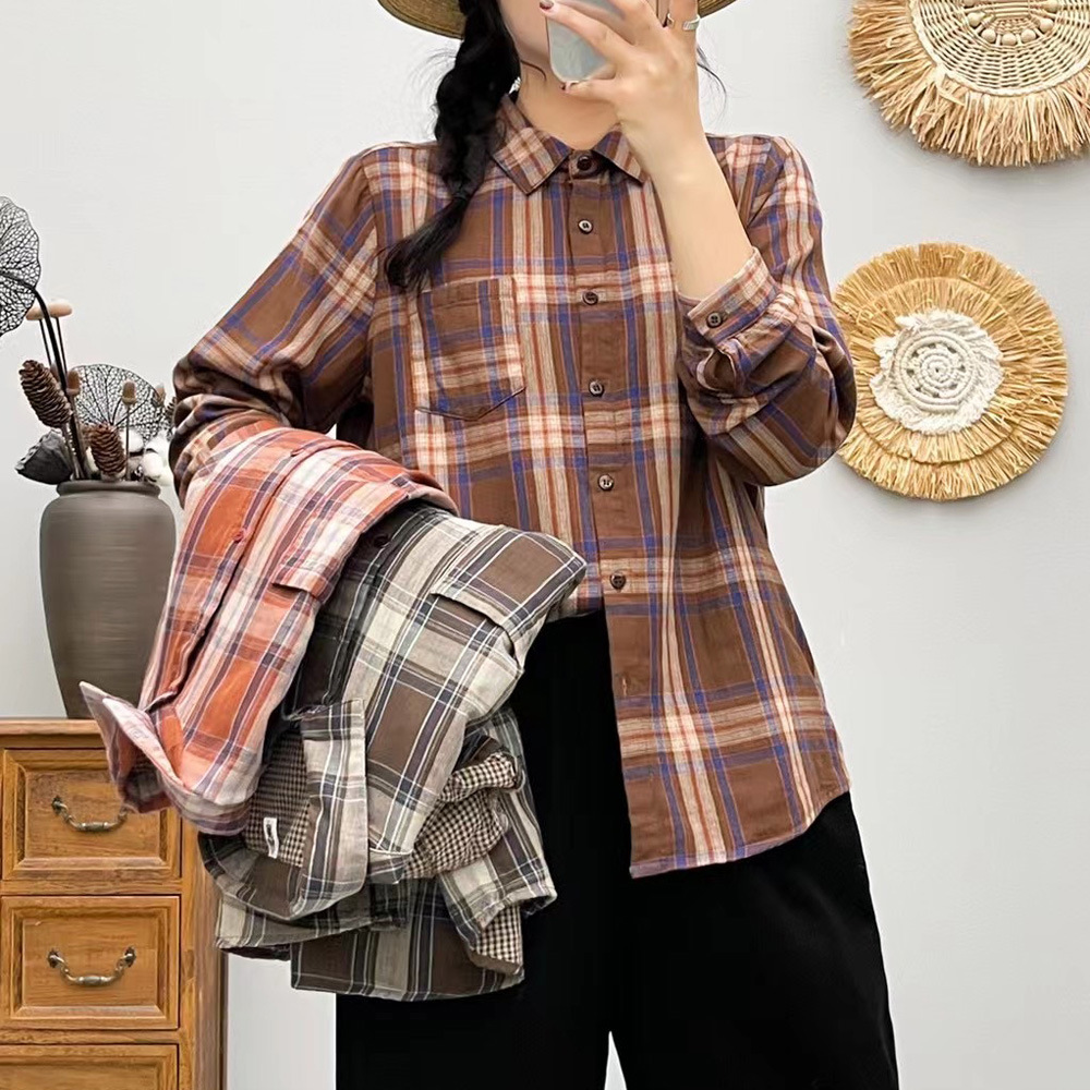 中年女装双层棉纱长袖格子衬衣春秋季新款宽松显瘦休闲复古衬衫