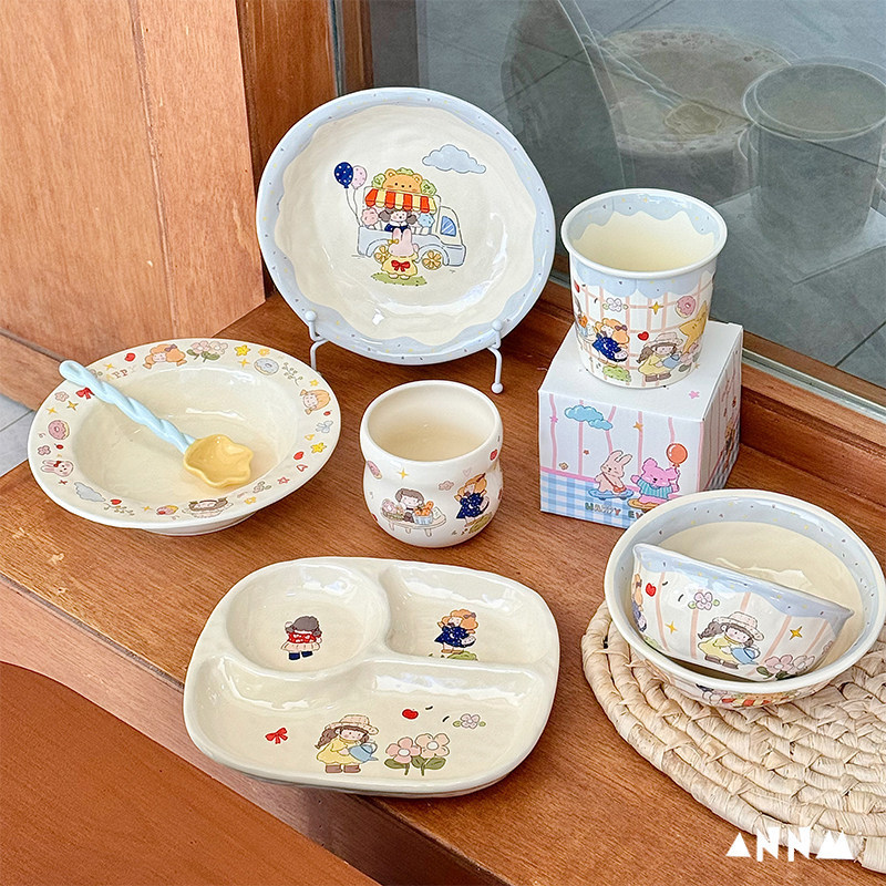Cute Rice Bowls, Ceramic Plates for Home Use, High-Quality Ceramic Tableware for Girls, Children's Divided Plates, Birthday Gifts Cute Rice Bowls, Ceramic Plates for Home Use, High-Quality Ceramic Tableware for Girls, Children's Divided Plates, Birthday Gifts