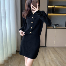 小香风时尚休闲套装女2025年秋季新款镂空提花冰丝针织两件套装裙