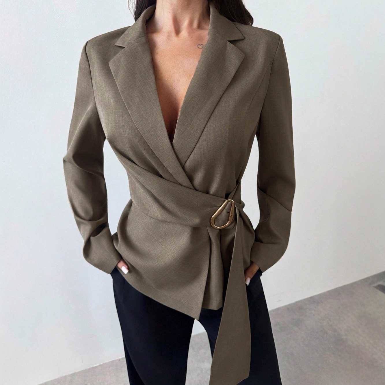 European and American Independent Station Amazon Cross-Border New Women's Elegant Metal Decoration Imitation Linen High-Waisted Blazer