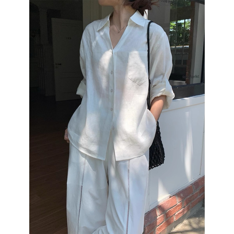 2025 Relaxed and Casual 3-Color 100% Linen V Neck Old Money Style Sun Protection Long-Sleeved Shirt