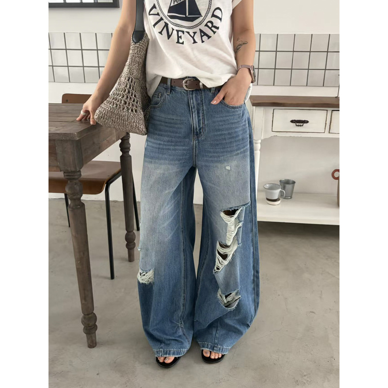 Icciicc American Street Style Loose Ripped Wide-Leg Jeans with Pleated Cuffs for Women Summer 10981 Icciicc American Street Style Loose Ripped Wide-Leg Jeans with Pleated Cuffs for Women Summer 10981