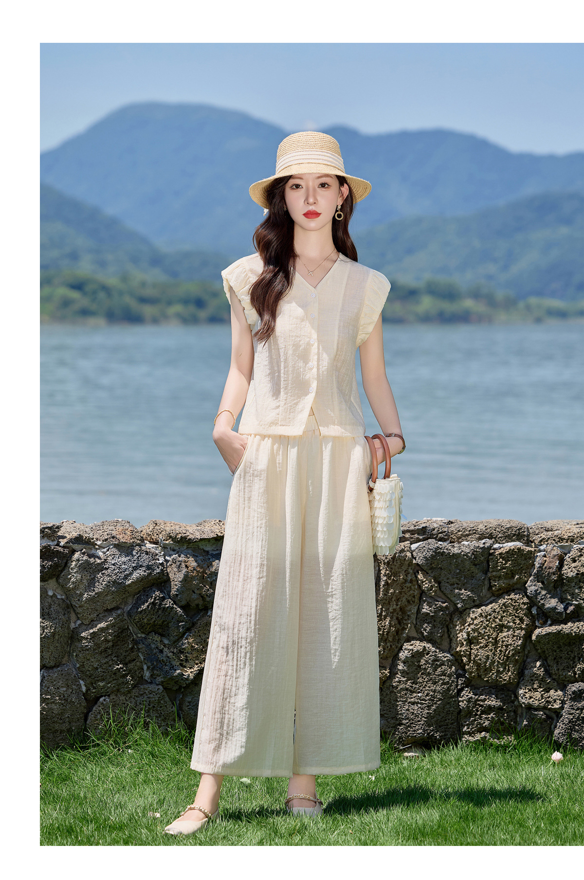 Bộ vest nữ hè 2025 áo sơ mi cổ V ôm quần ống thẳng hai mảnh LB2869 — màu xanh hải quân, Màu trắng nhạt chi tiết 20